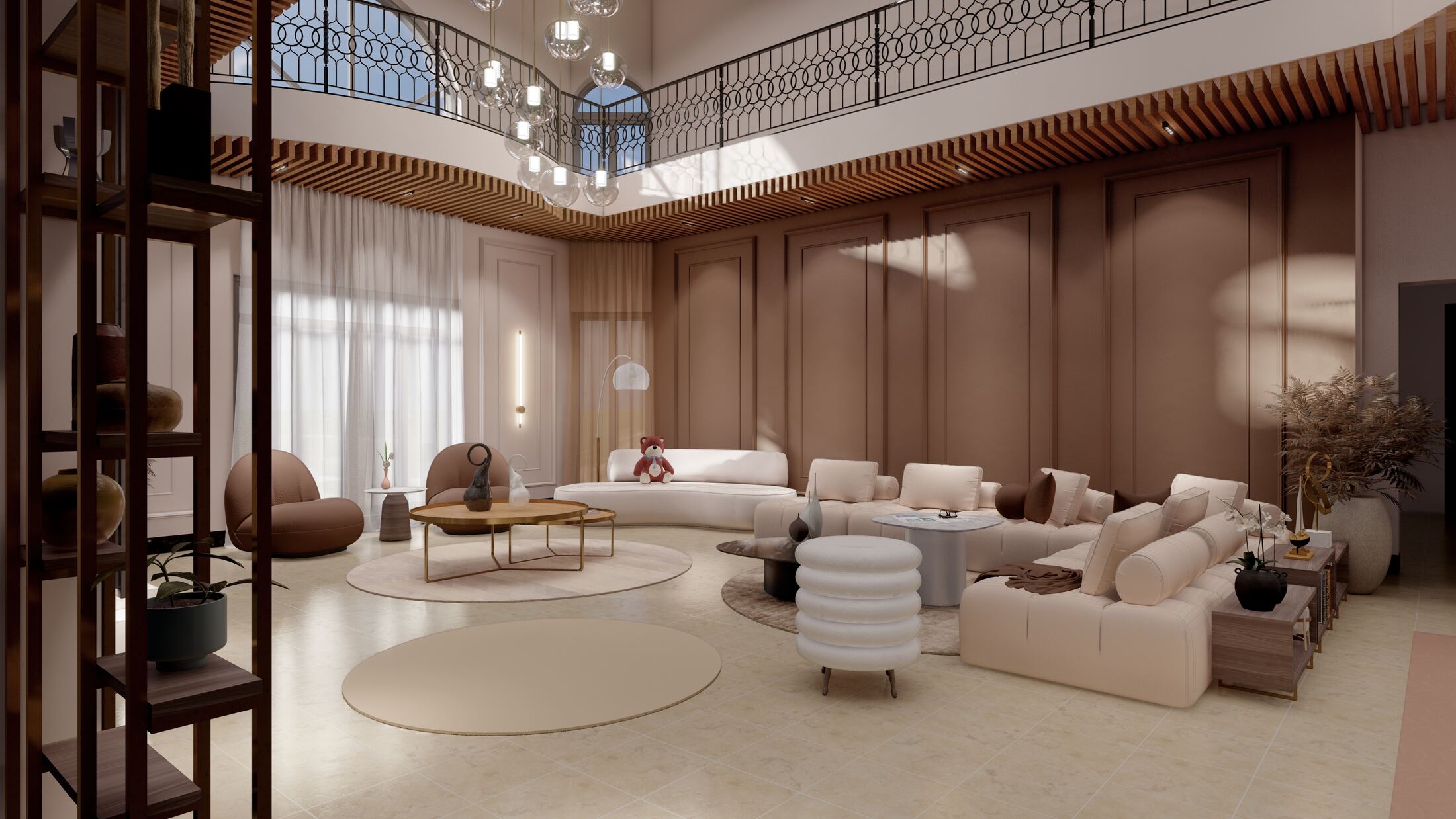 Living hall, alternate angle showing wood-panelled wall