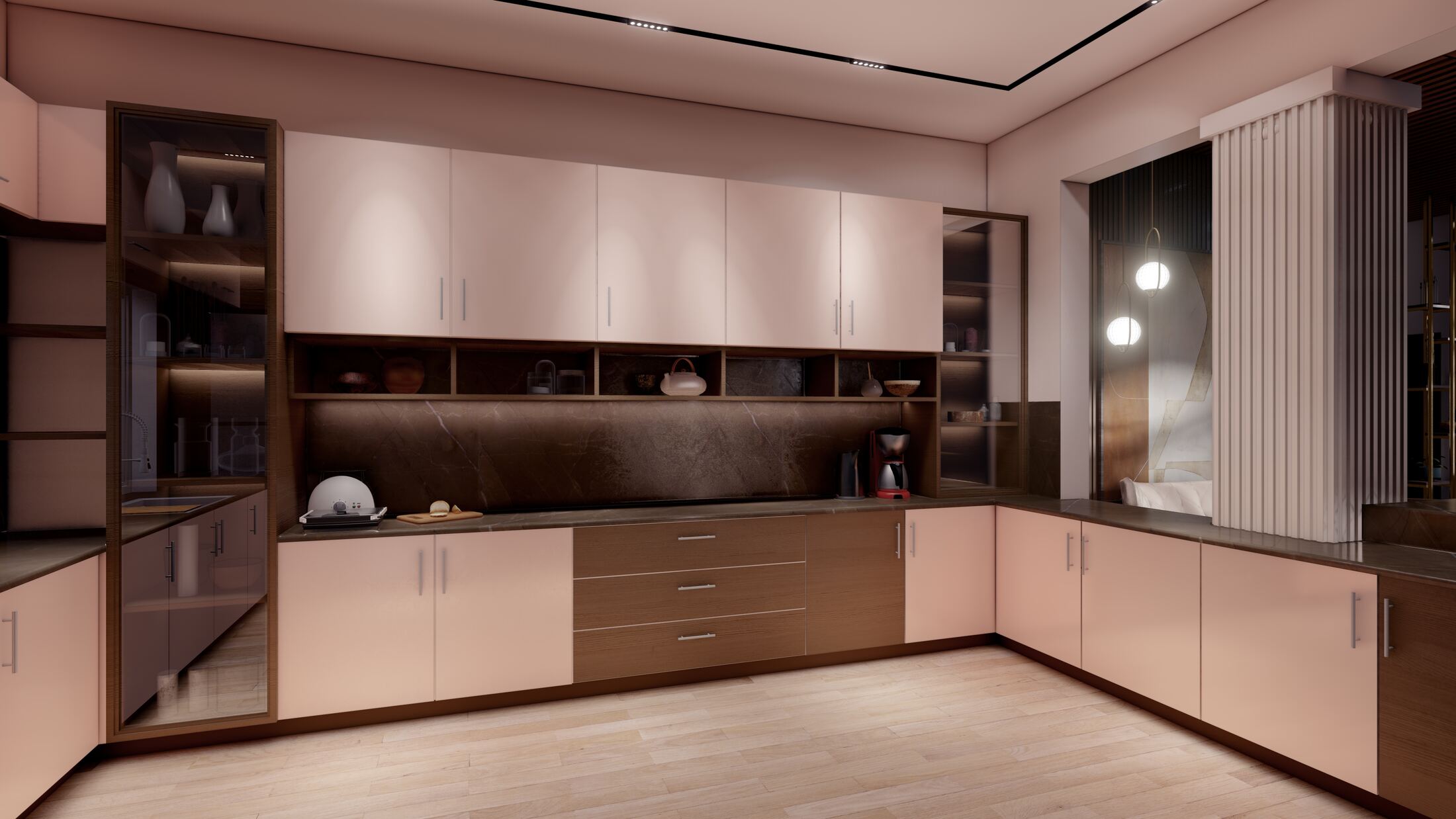 Kitchen cabinetry detail with dark stone backsplash