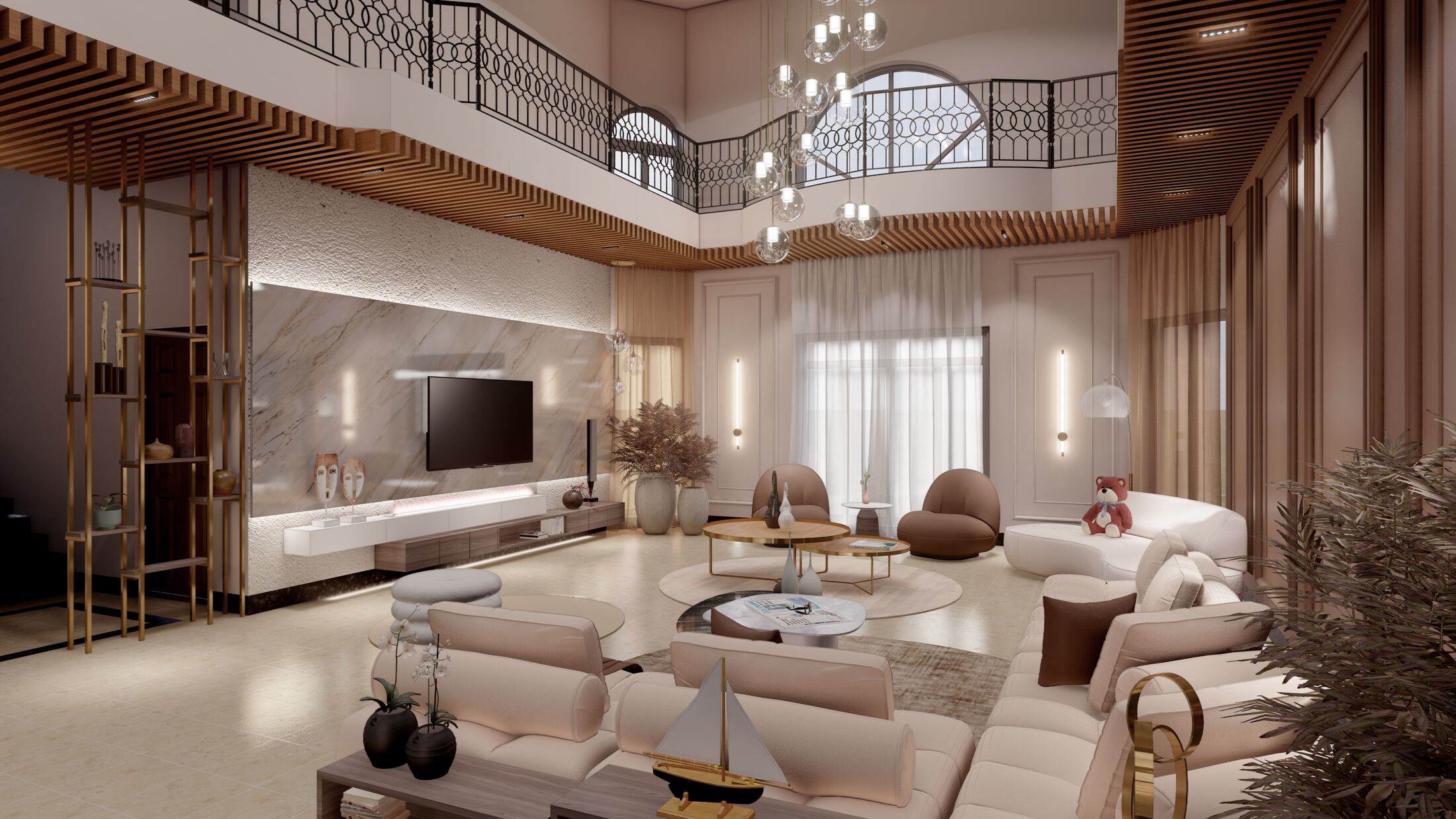 Living hall view toward seating and marble media wall