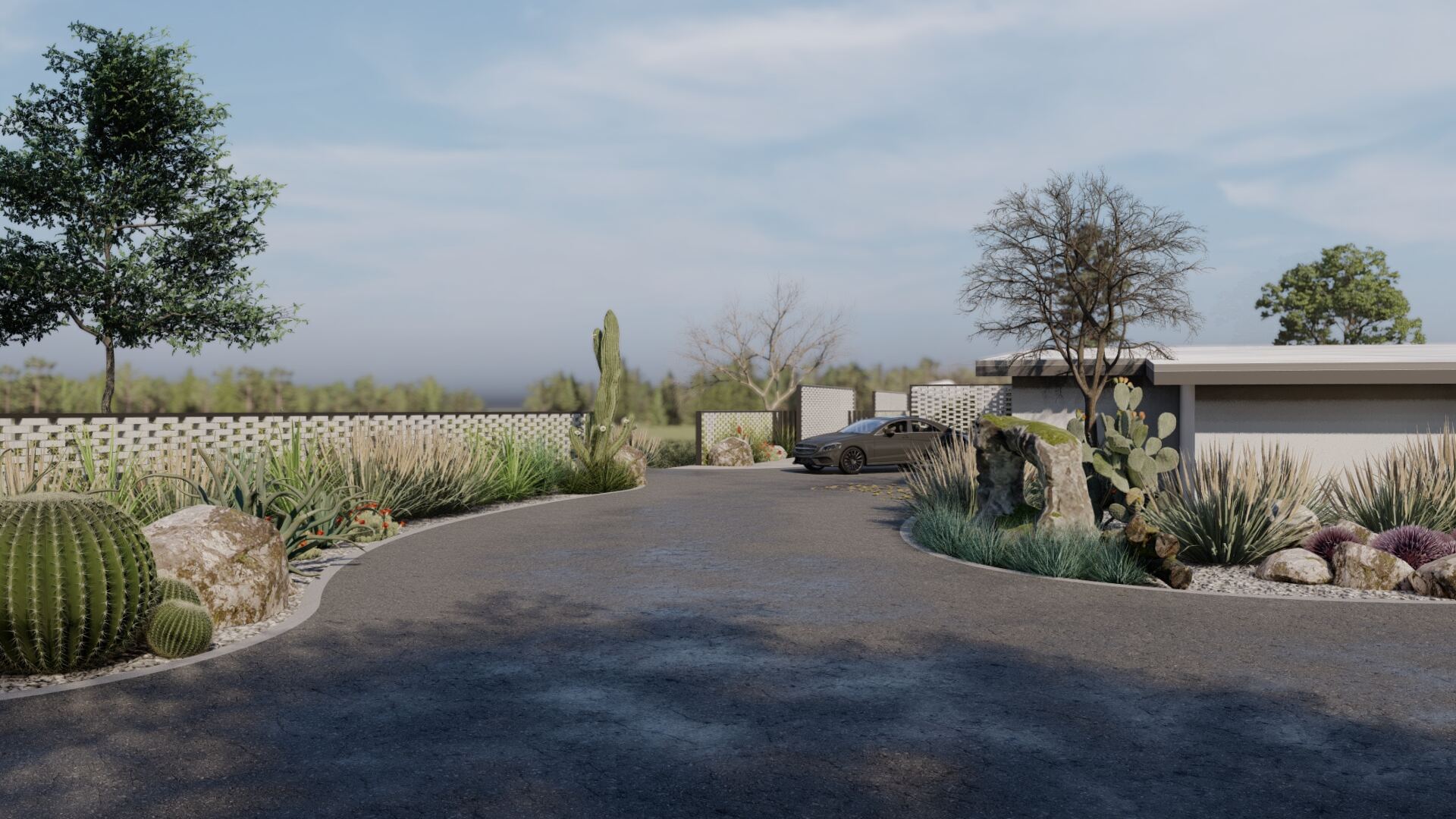 Desert entry driveway with gabion walls and native landscaping