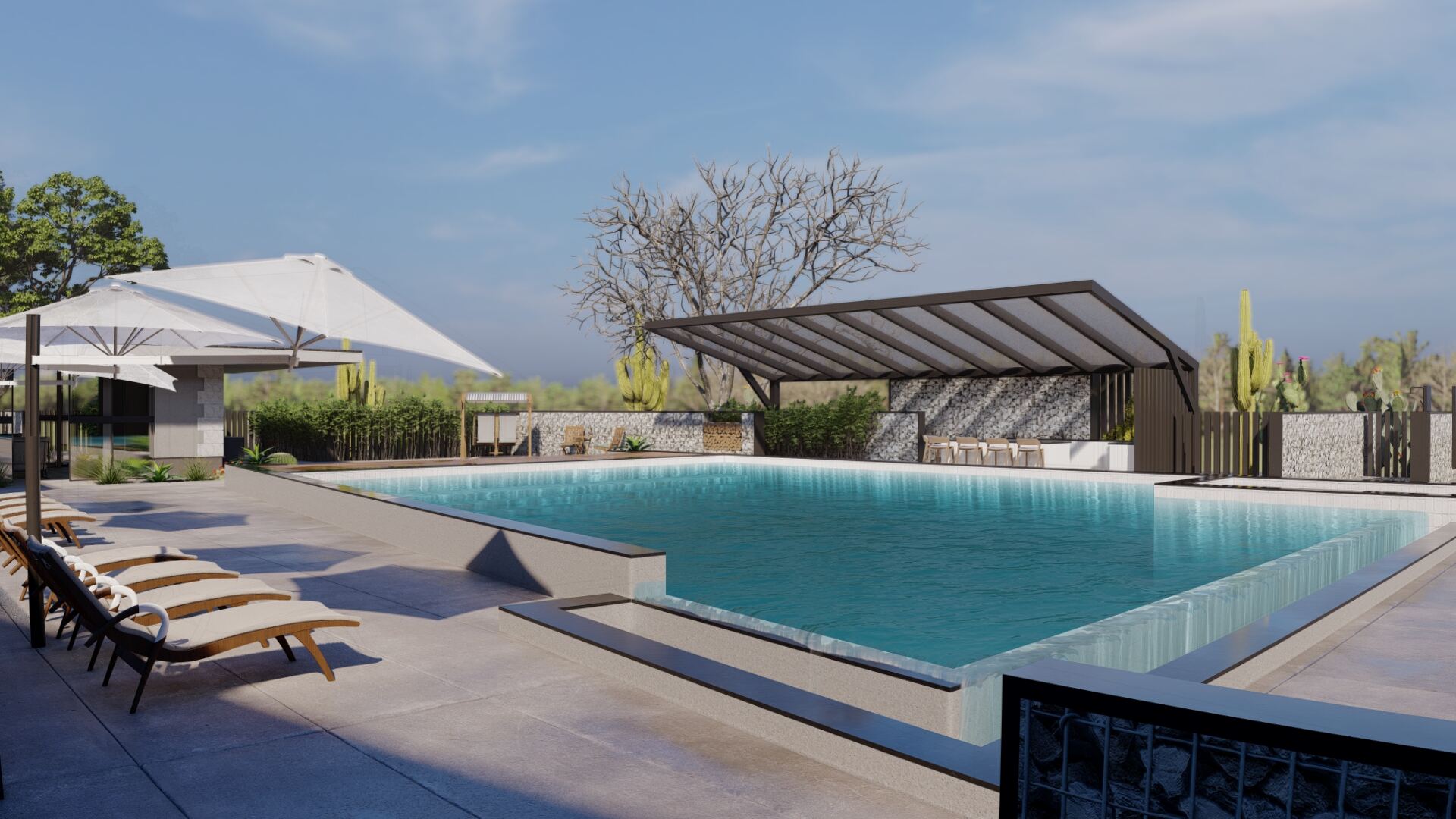 Infinity-edge pool with pergola and lounge chairs