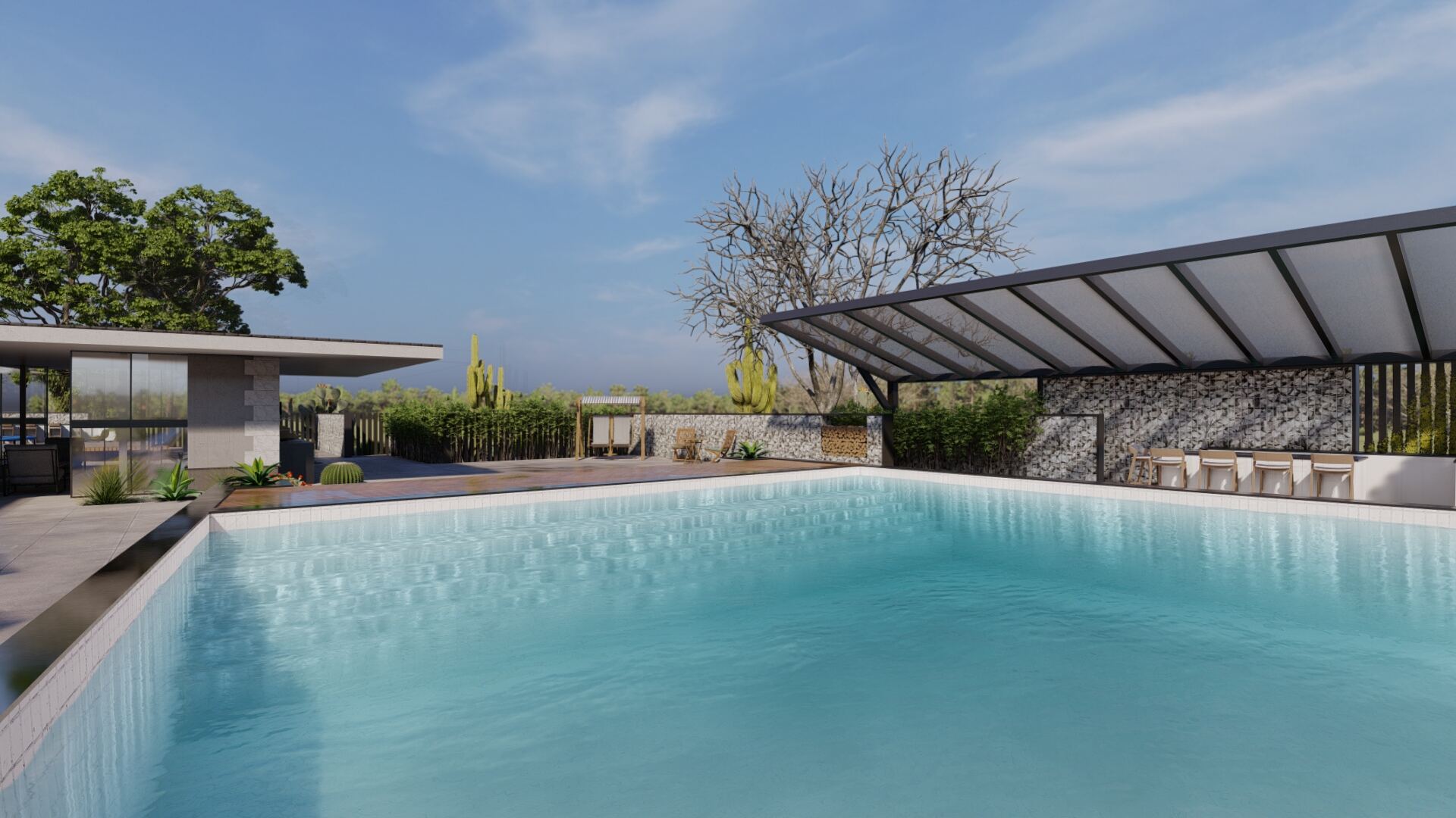 Pool corner with steel-framed pergola