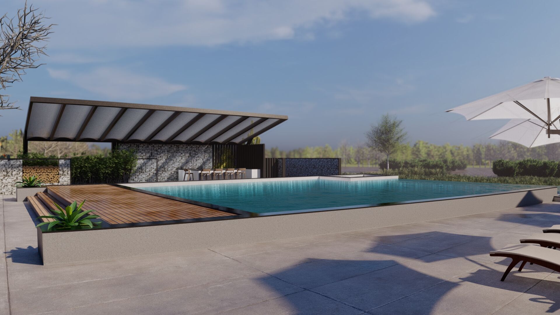 Timber deck steps leading into the pool