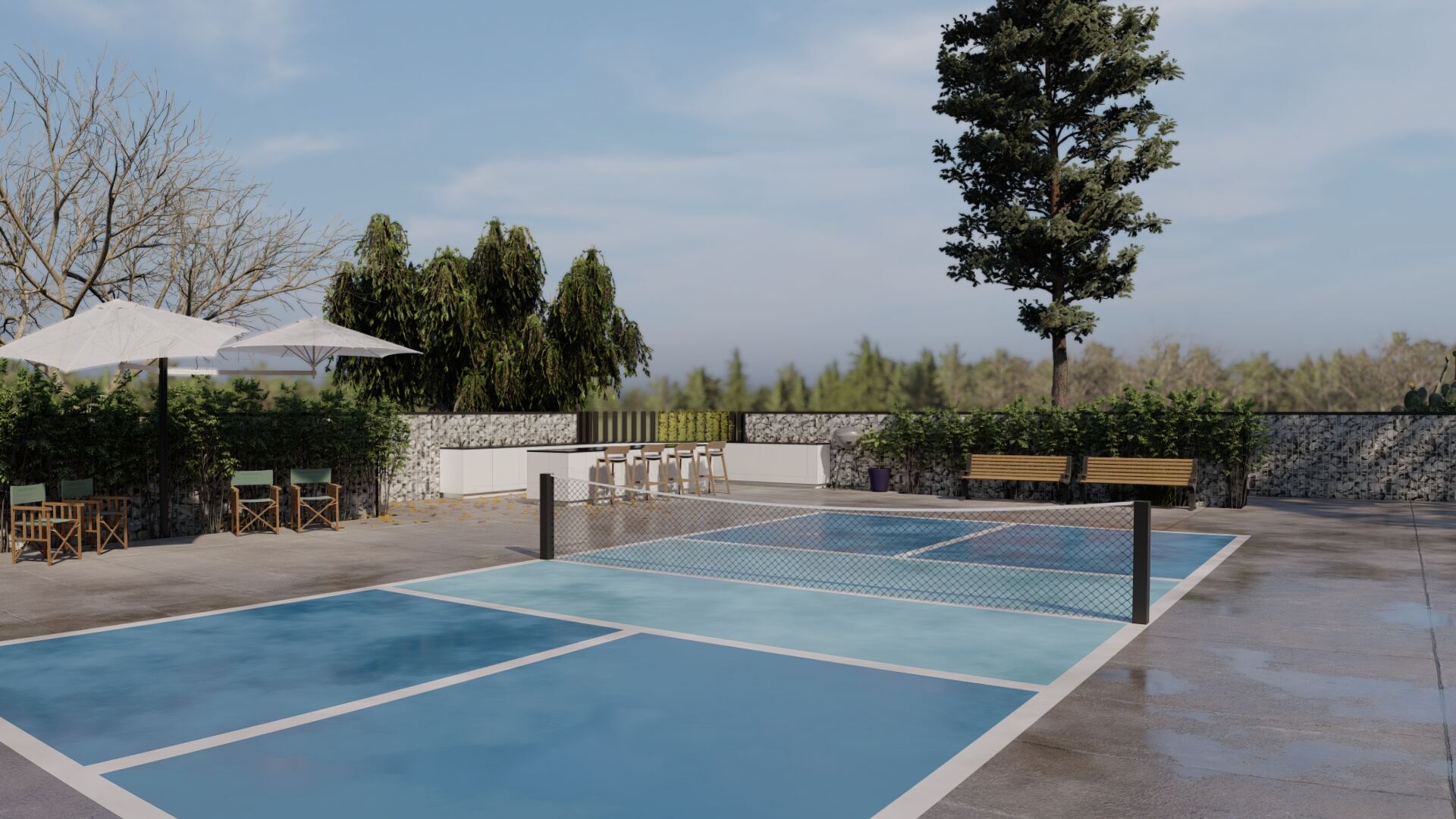 Pickleball court with pergola bar and seating