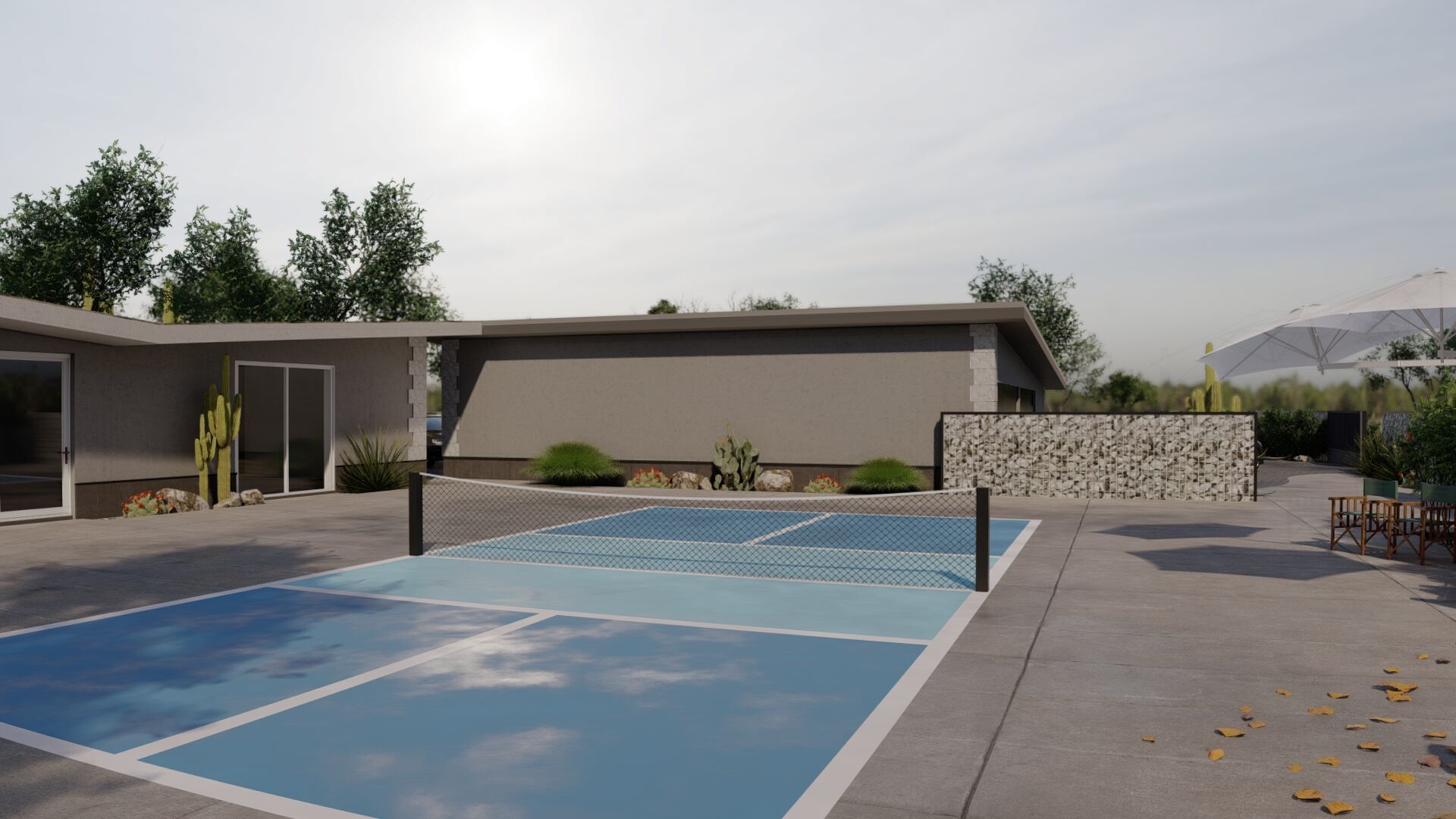 Pickleball court against the desert house backdrop