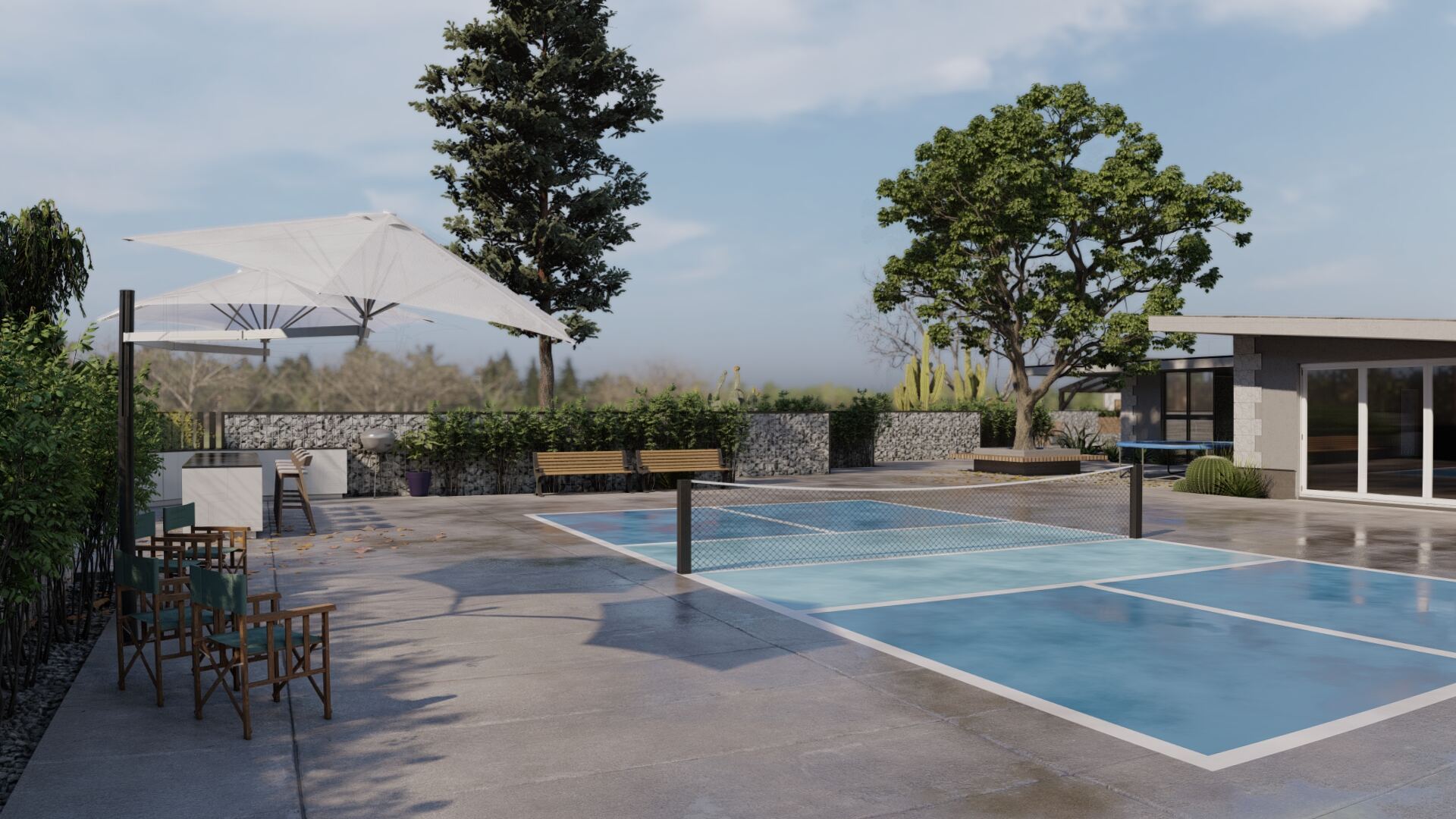 Pickleball court with lounge and dining nearby