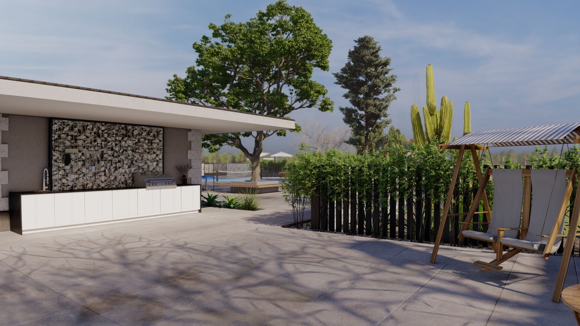 Outdoor kitchen wide view with swing seating