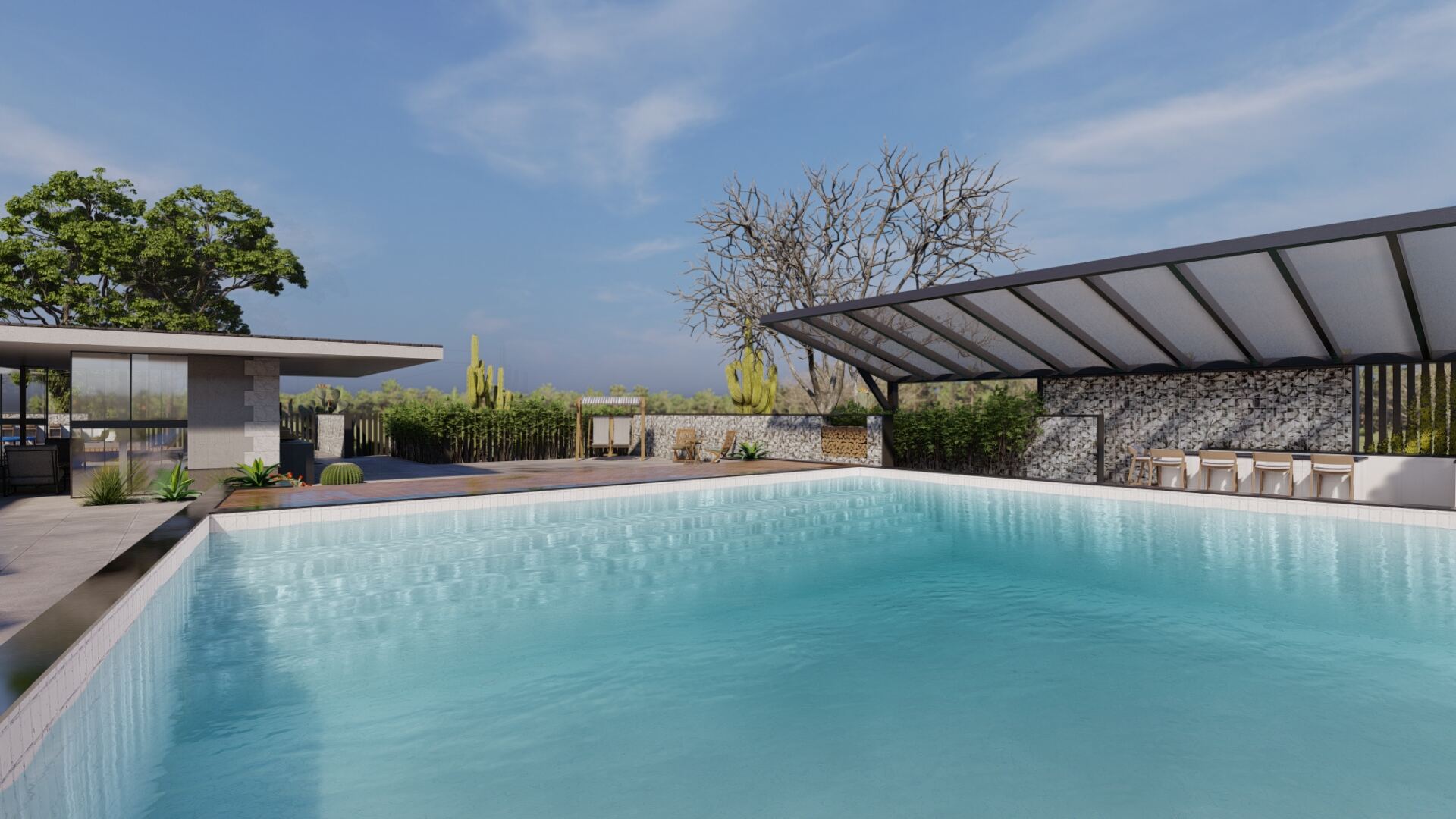 Lounge area with cantilevered umbrellas
