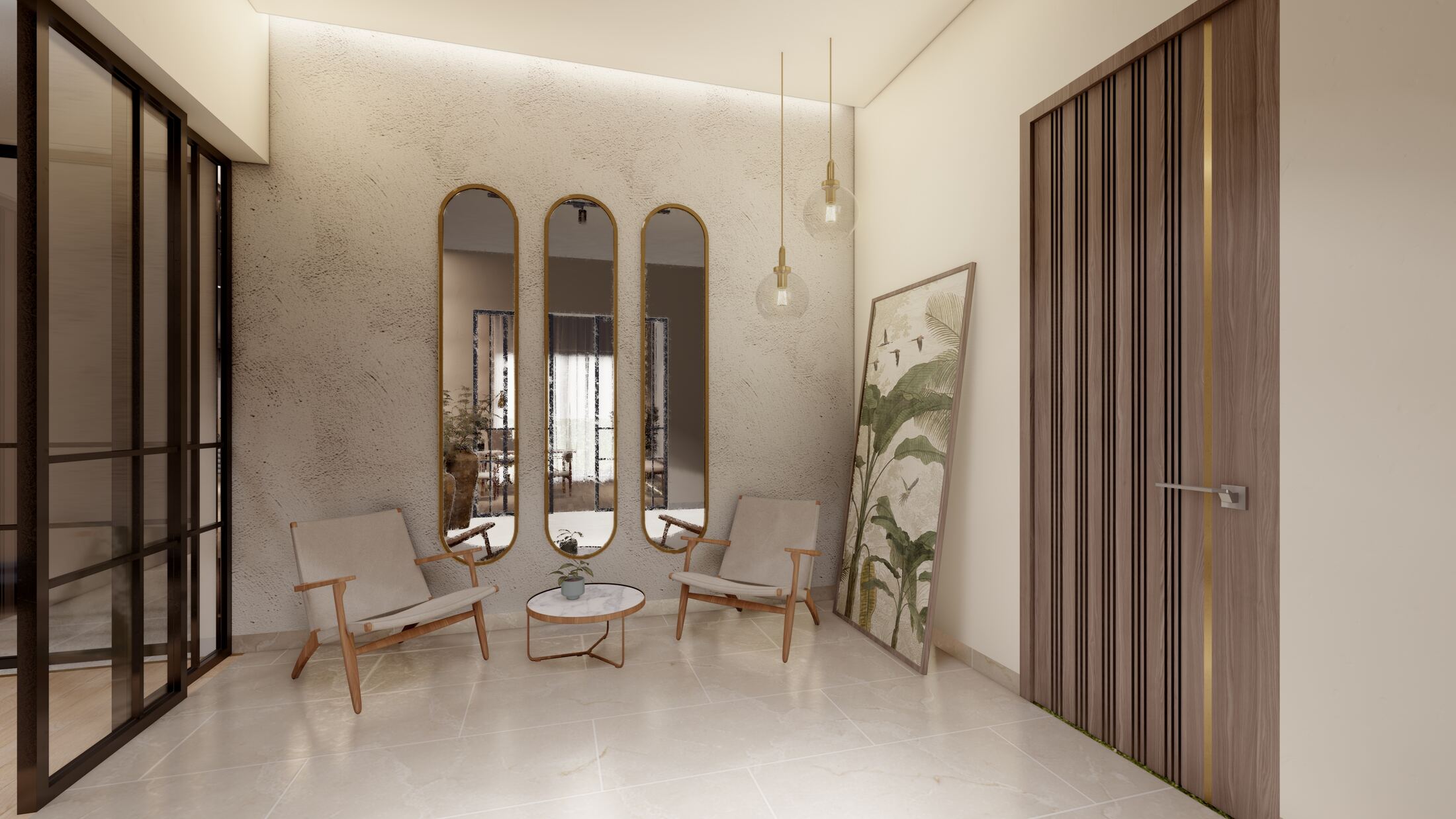 Entry lounge with arched mirrors and lounge chairs
