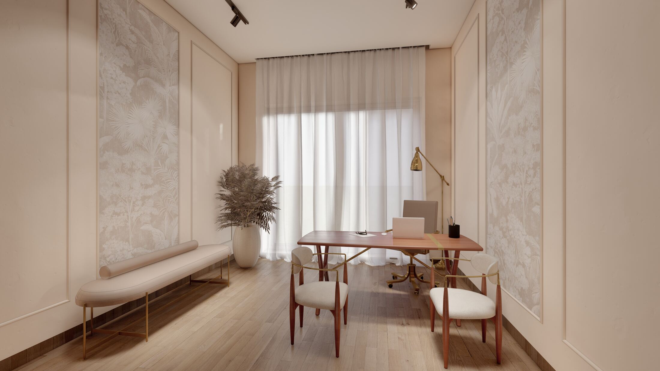 Home office with wood-panelled walls