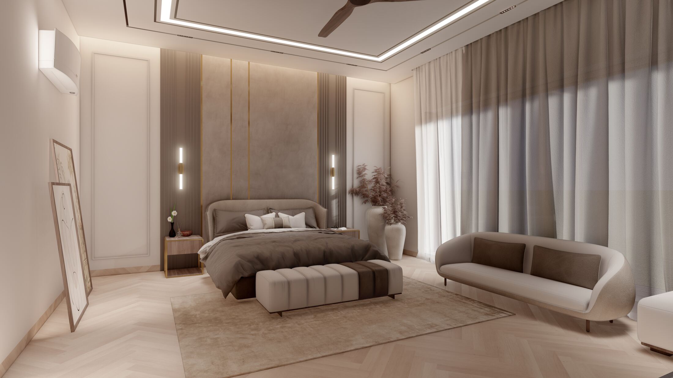Primary bedroom with fluted headboard wall and brass detailing