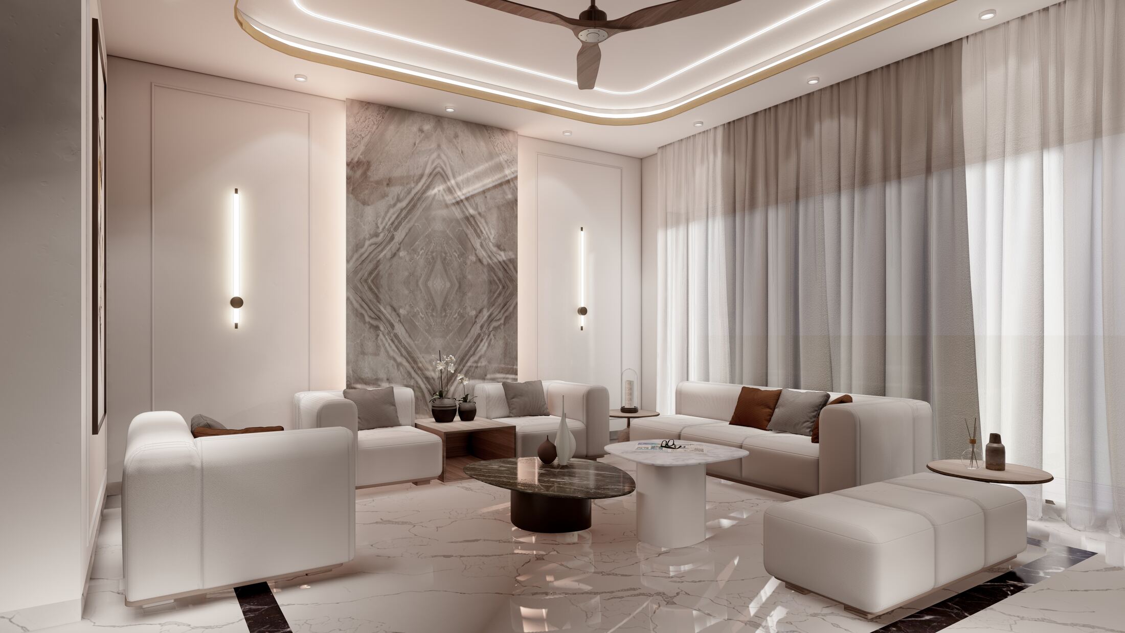 Formal living room with marble feature panel