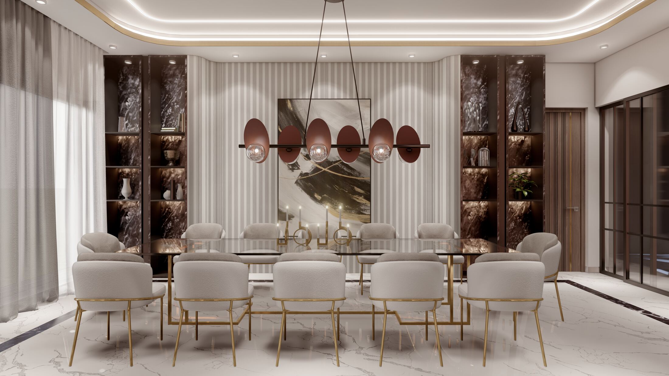 Formal dining room with brass dining chairs and sculptural pendant