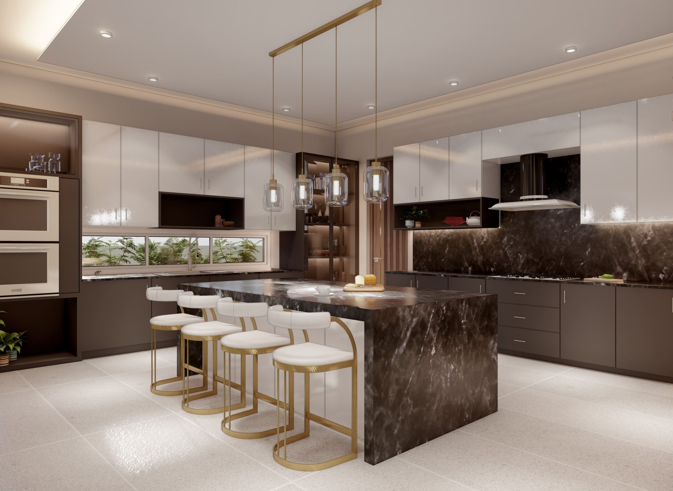 Kitchen with dark stone island and brass pendant lighting