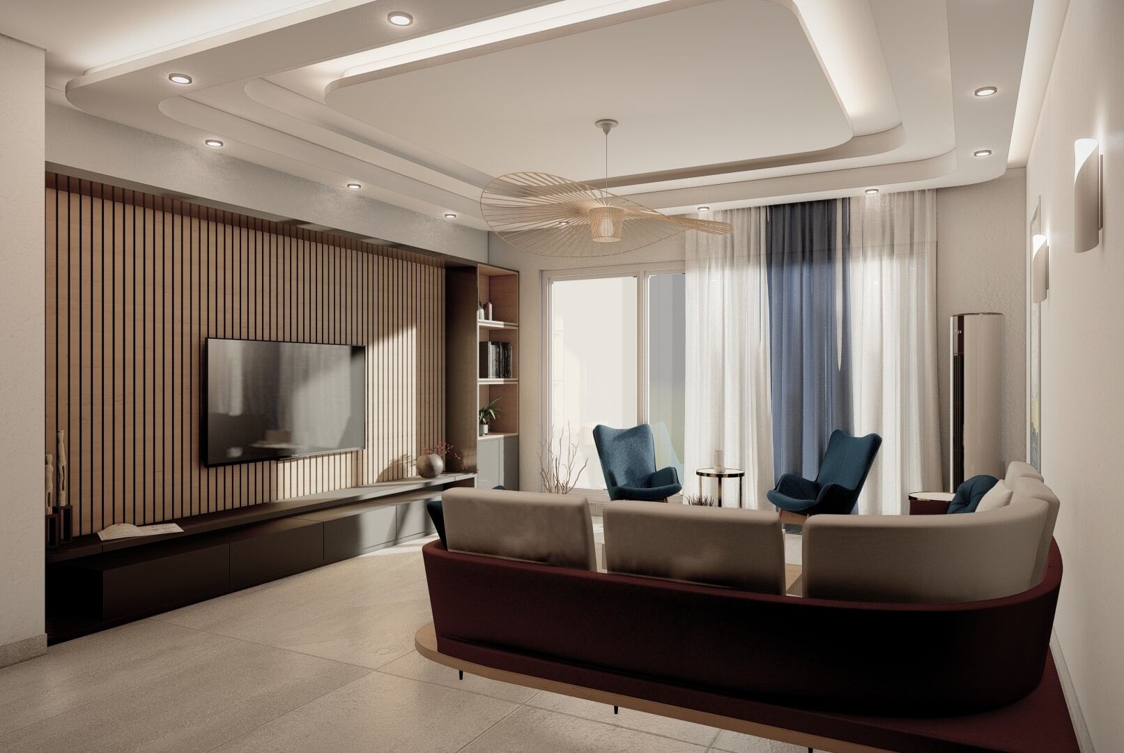 Living room with curved burgundy sofa and wood slat TV wall