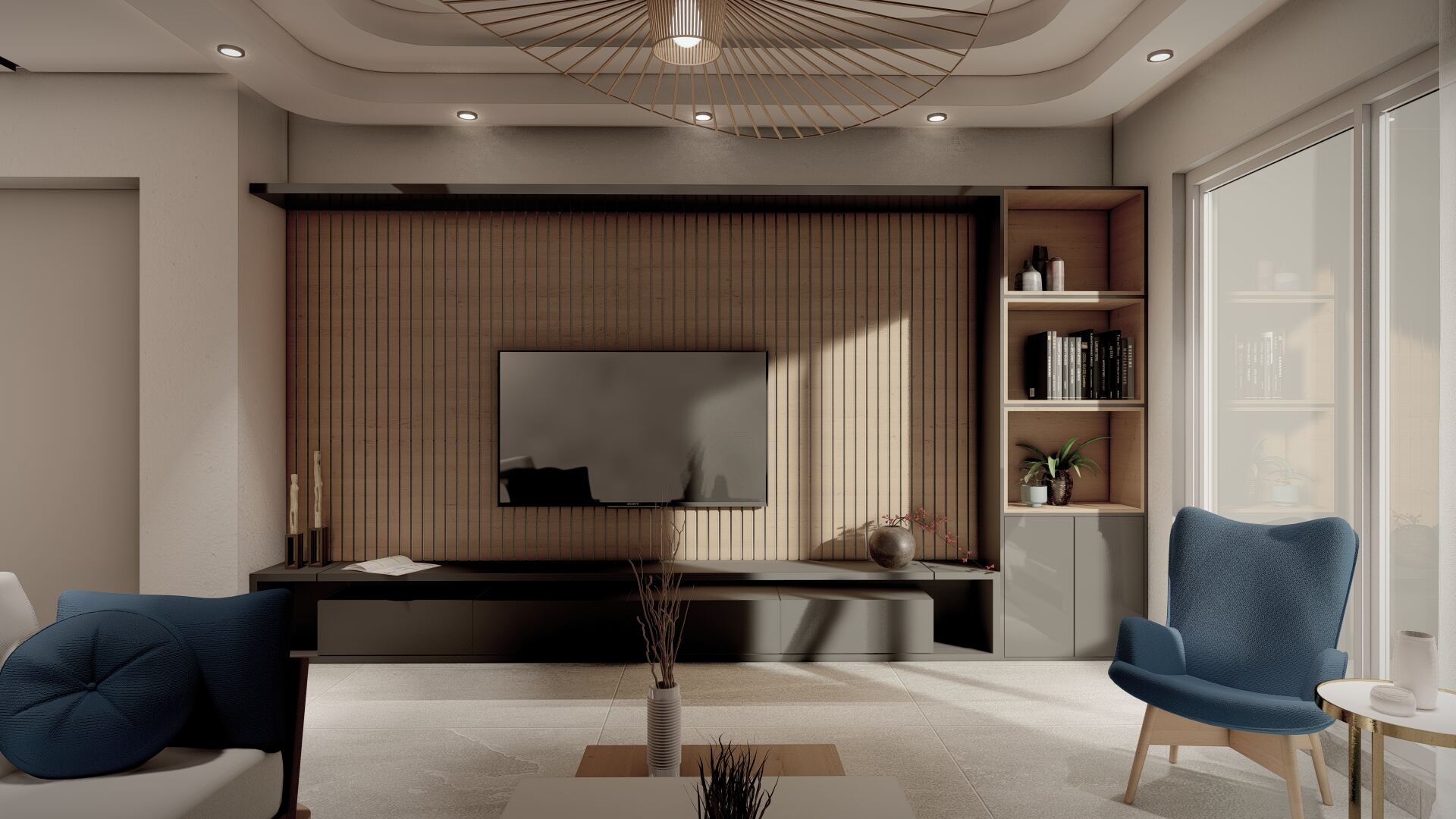 Living room media wall with built-in shelving