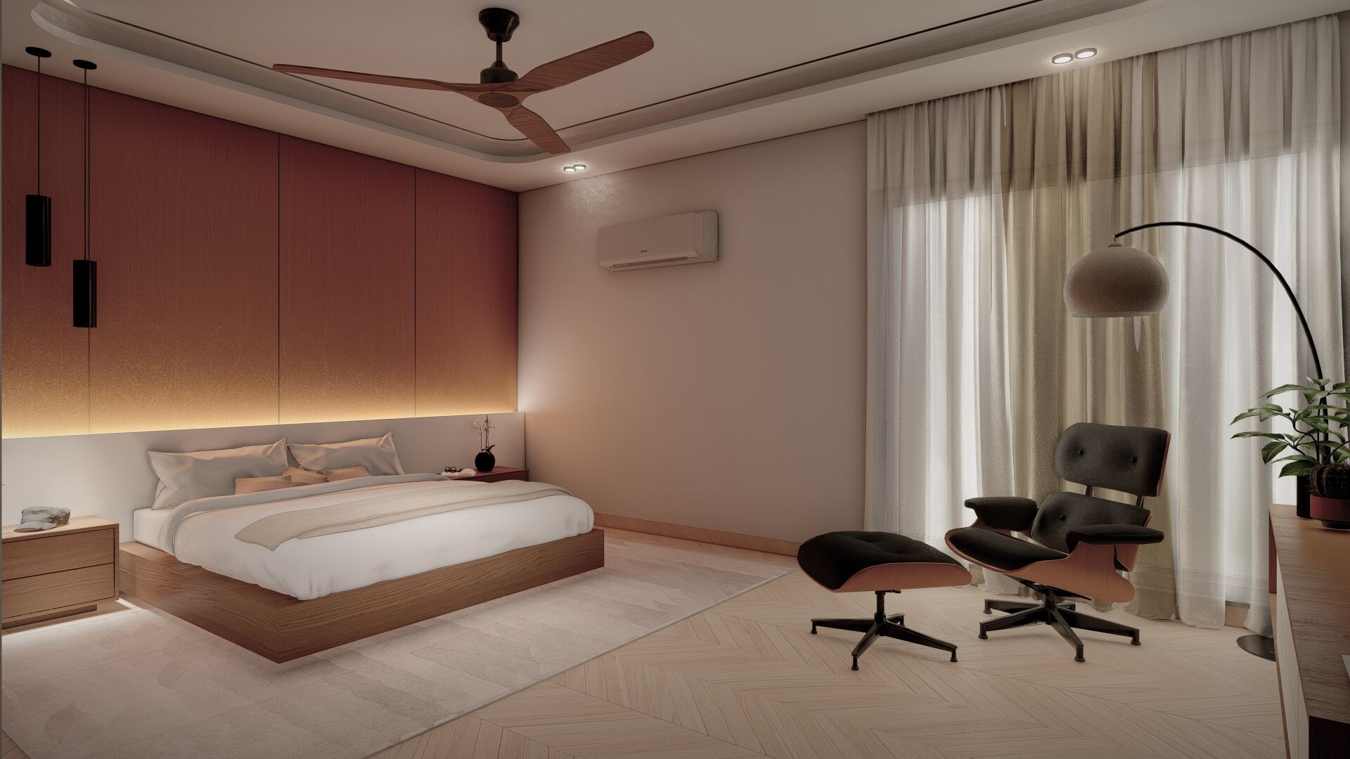 Primary bedroom with walnut headboard wall and Eames lounge chair