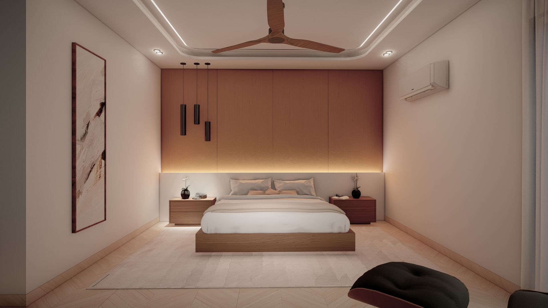 Bedroom, alternate angle showing pendant lighting