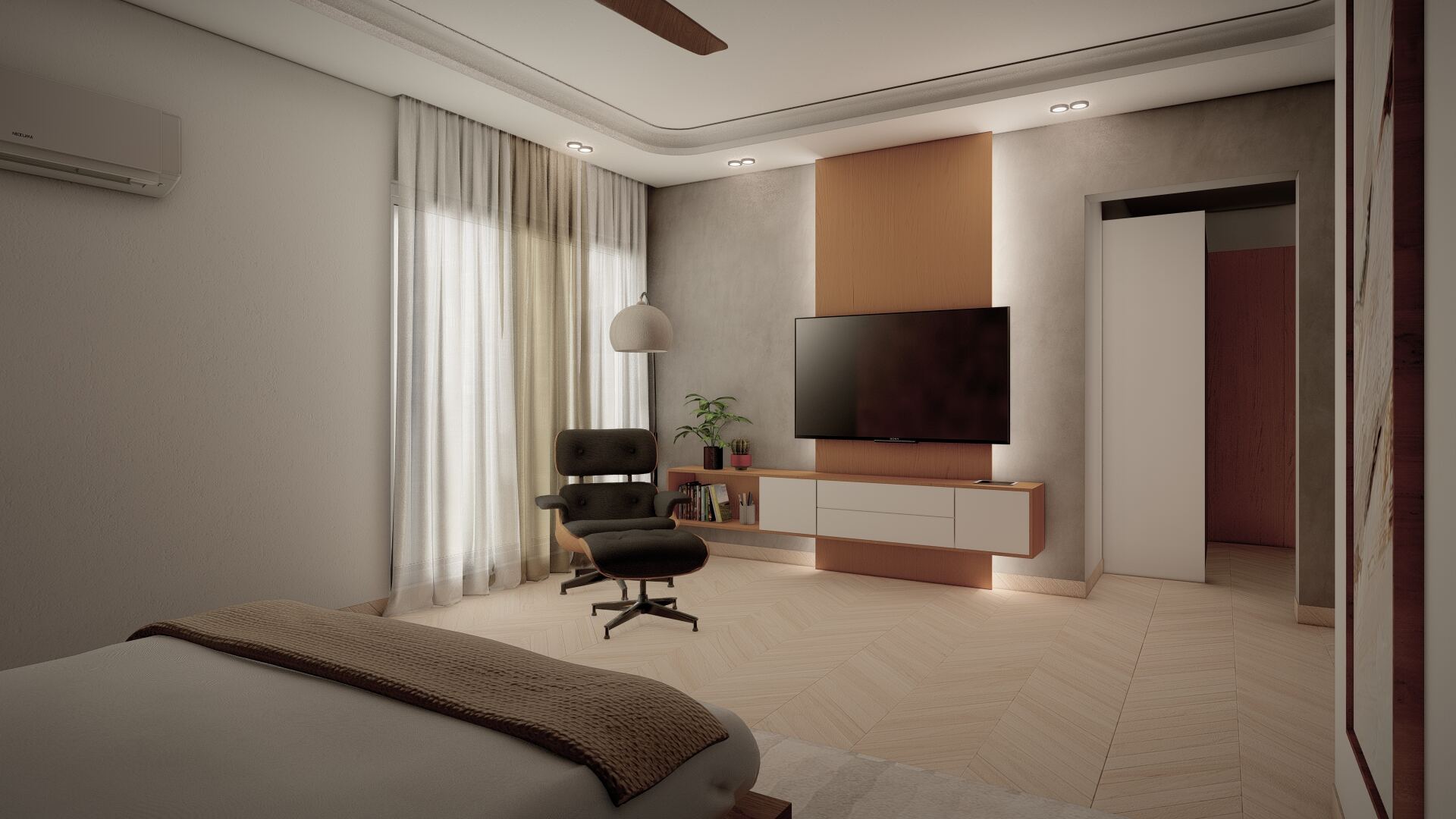 Bedroom media console and seating area