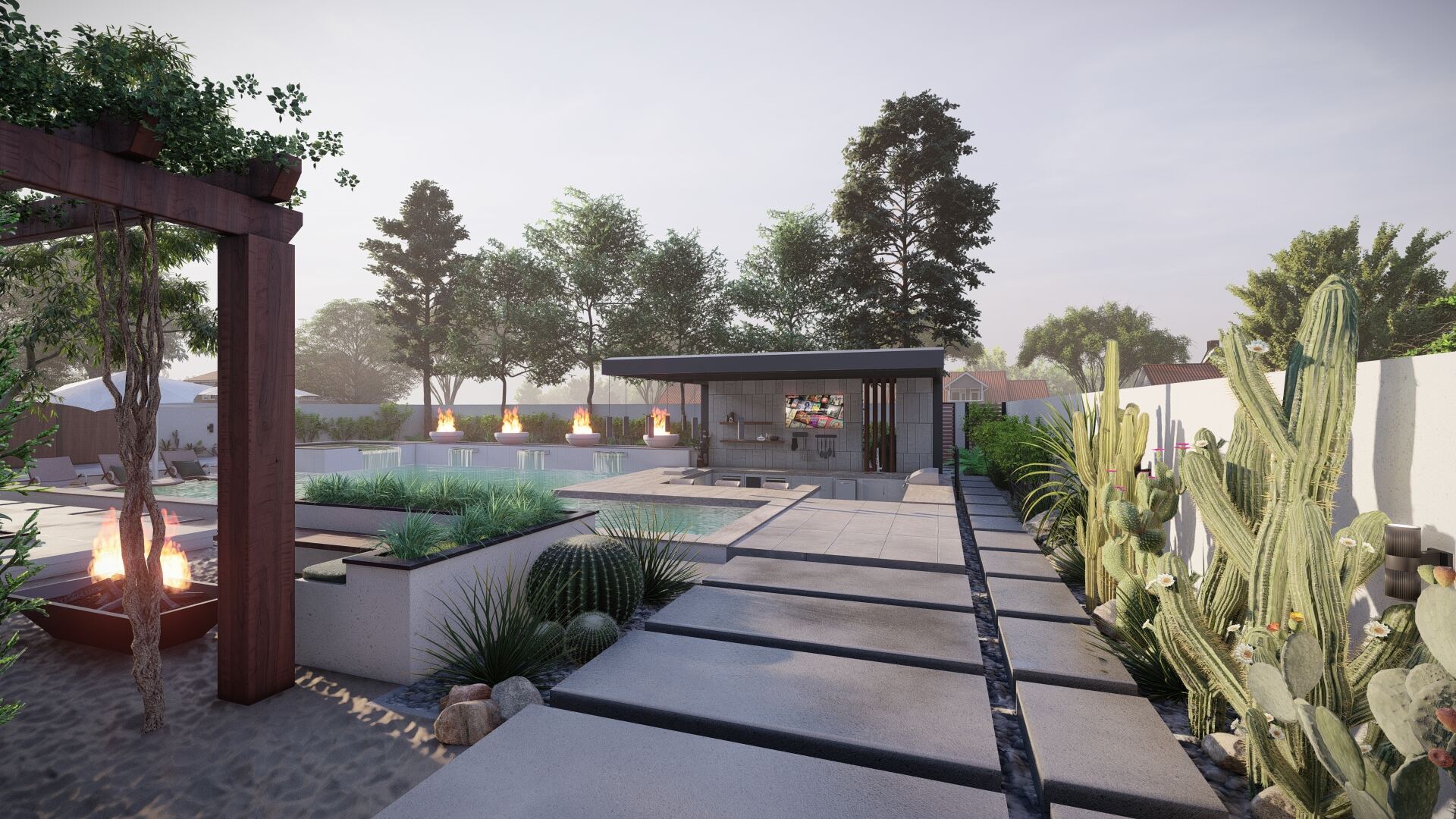 Render of stepped pathway leading to pool and outdoor kitchen pavilion