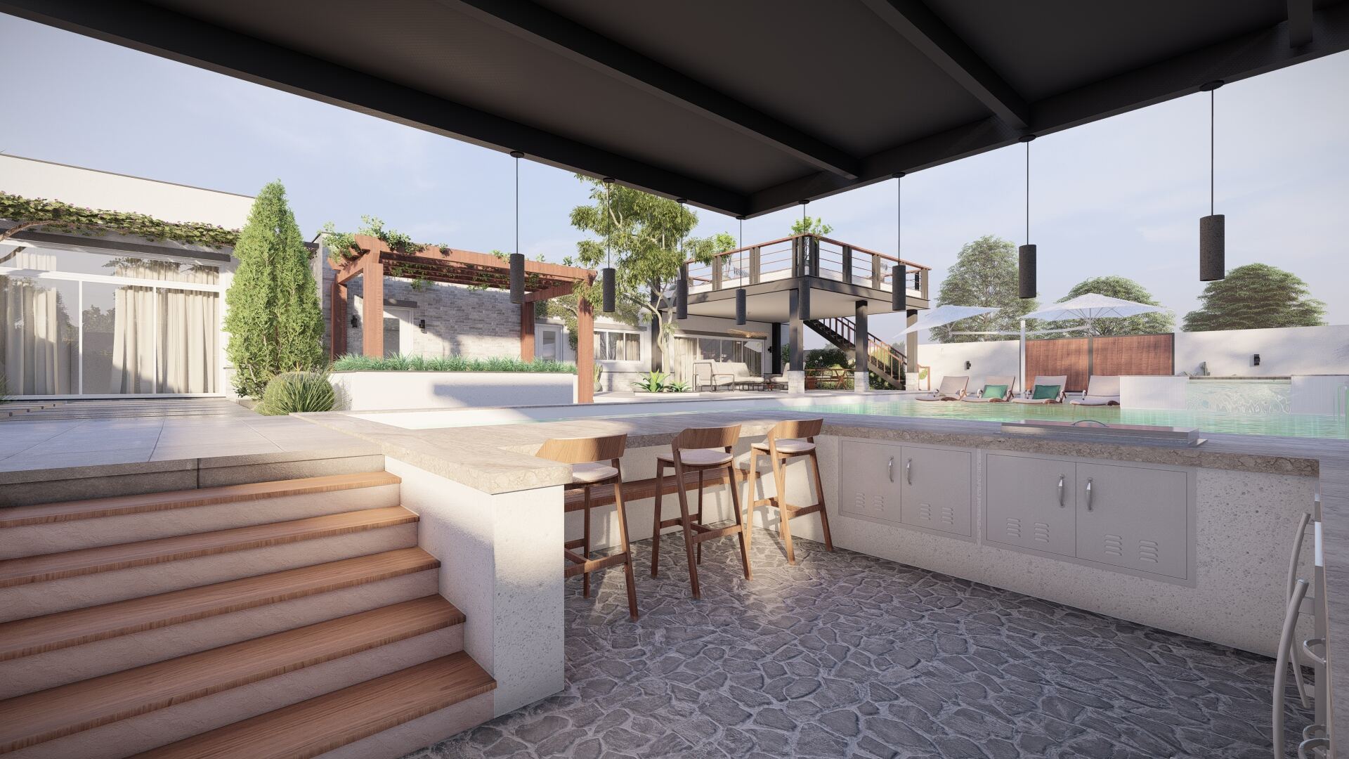 Render of outdoor kitchen bar seating beside the pool