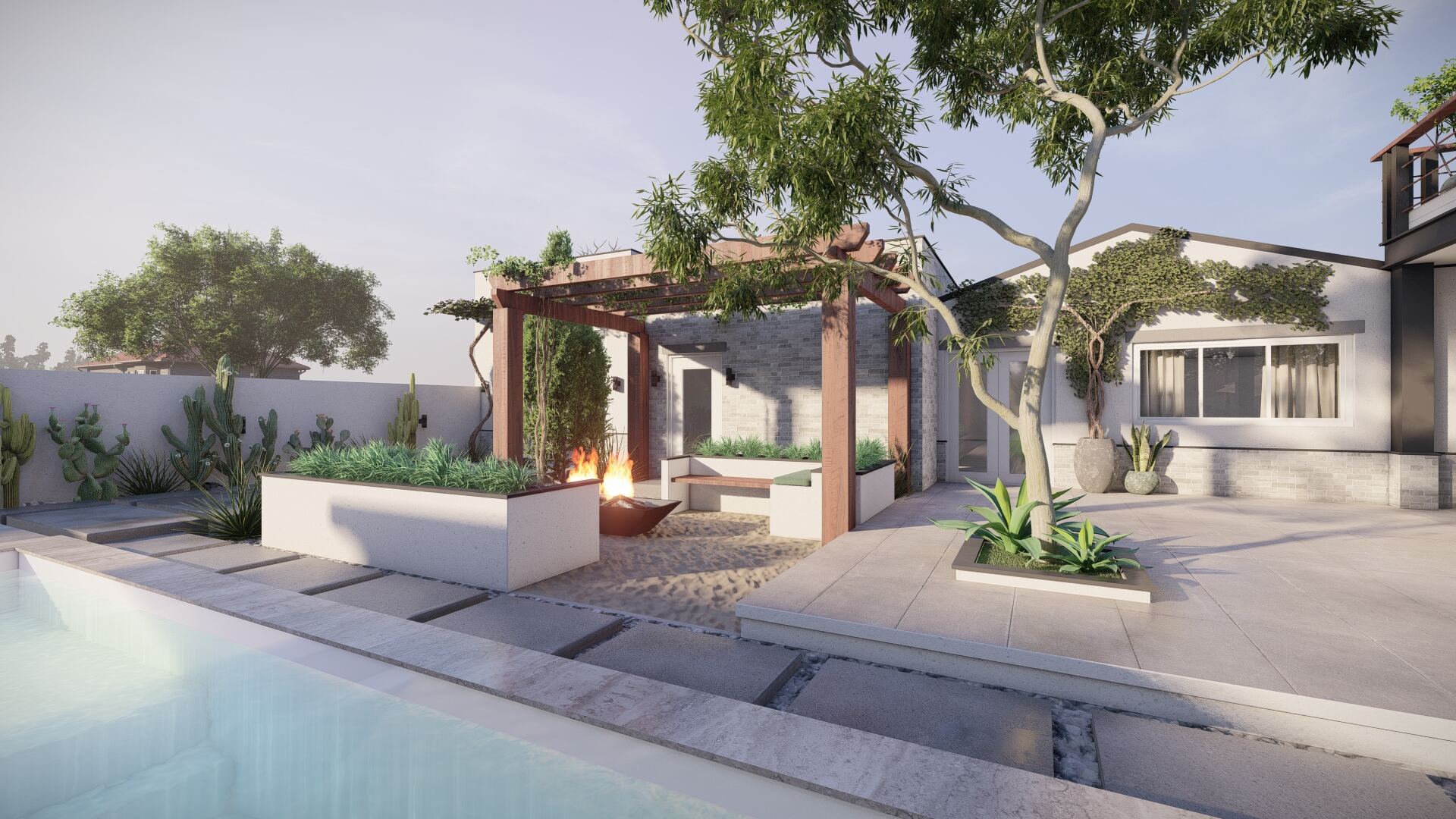 Render of pergola-shaded fire pit lounge