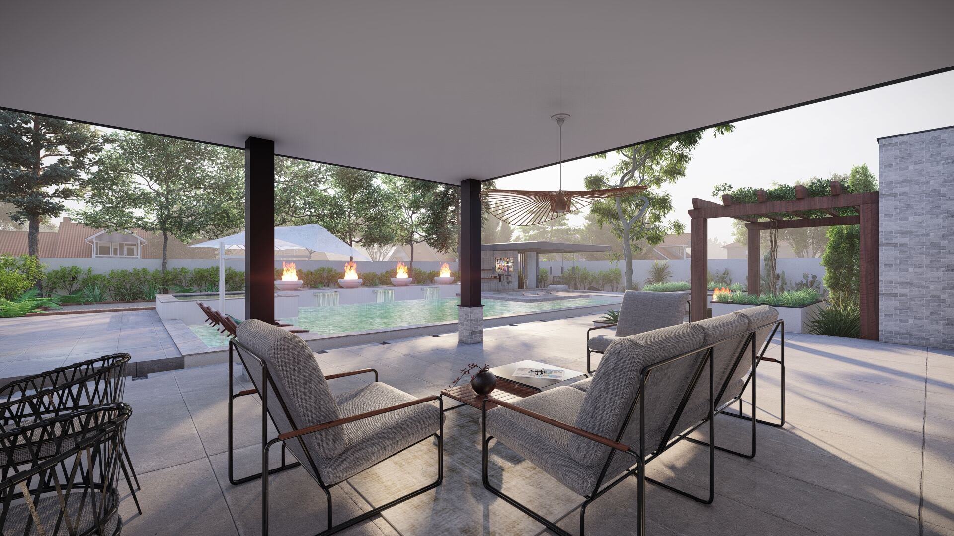 Render of covered lounge seating overlooking the pool
