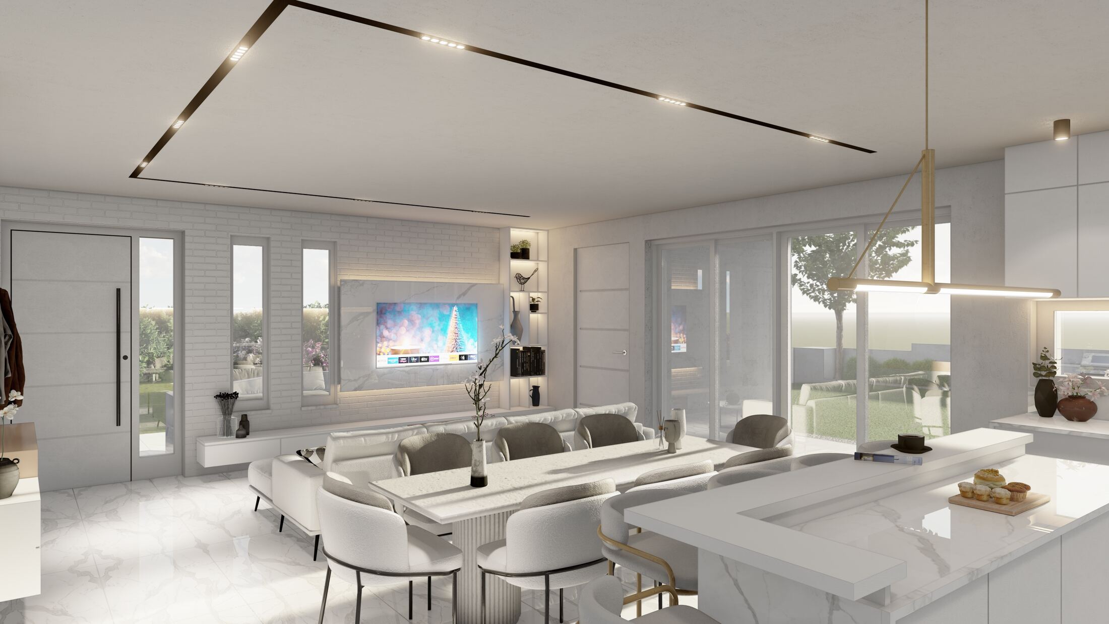 Dining table facing the front entrance and courtyard beyond