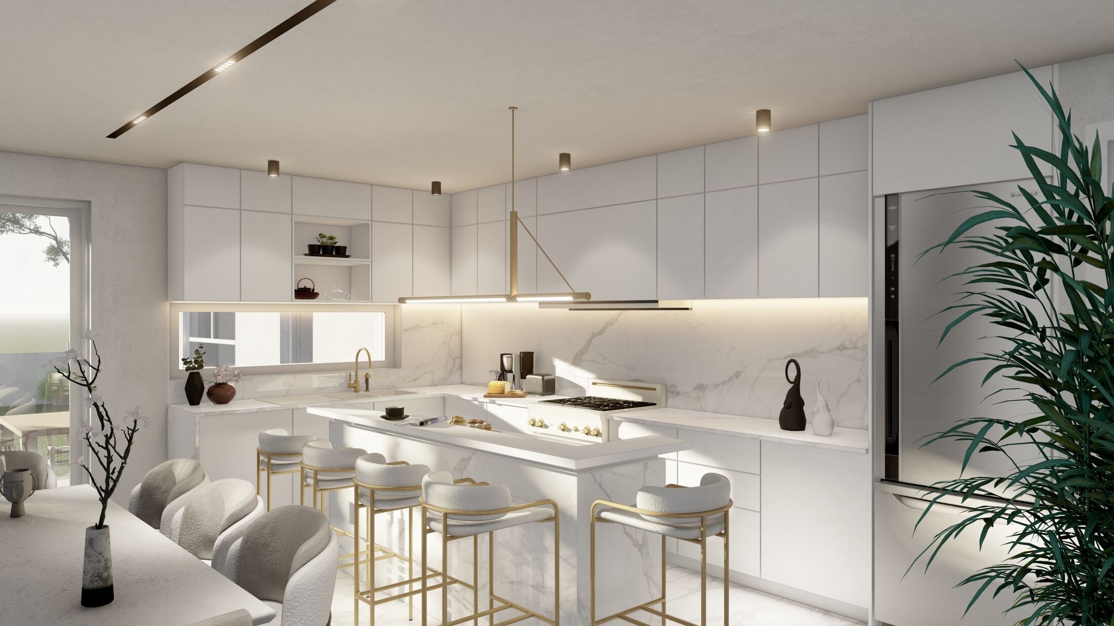 Kitchen island with brass pendant fixture and marble backsplash