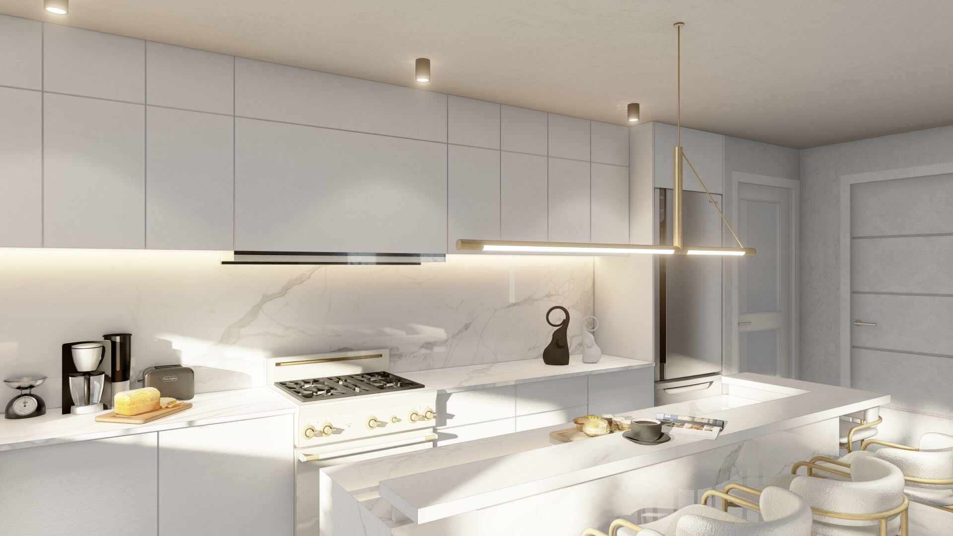 Kitchen range detail with brass pendant lighting