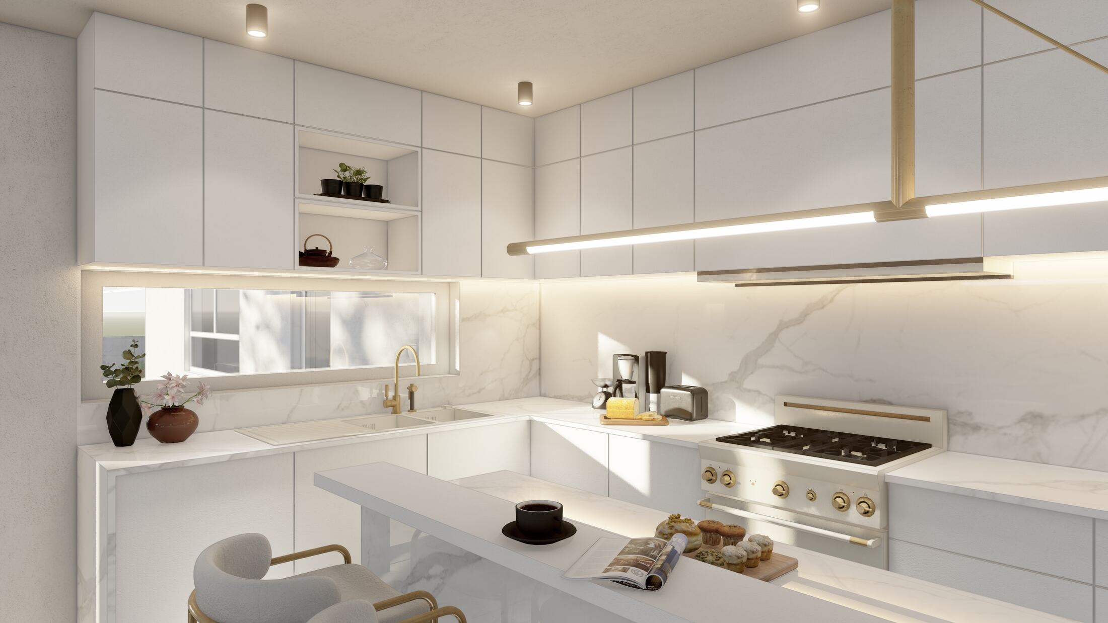 Kitchen sink corner with marble counters
