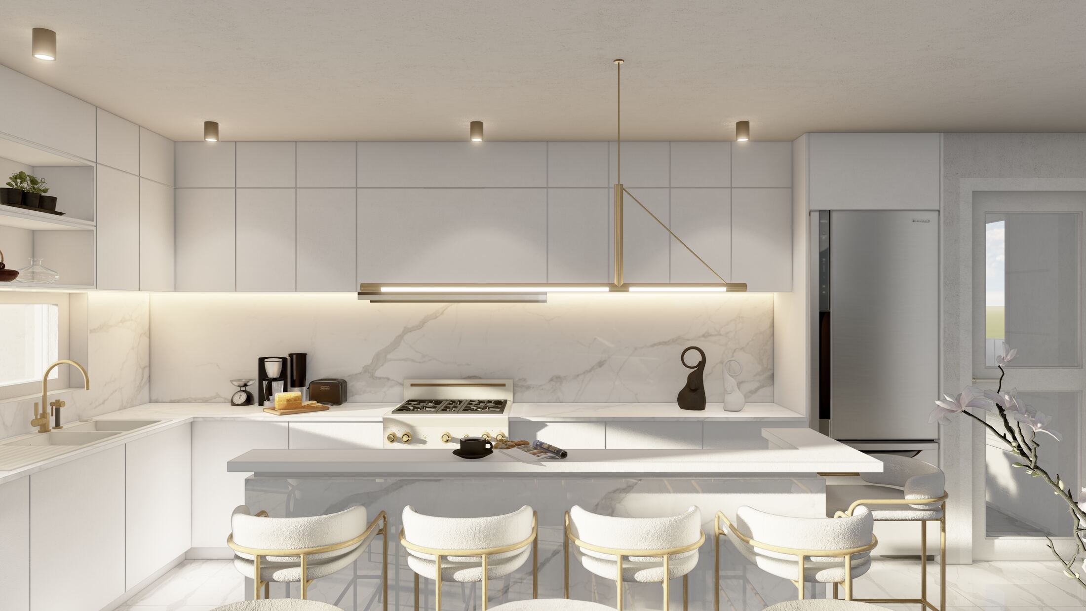 Kitchen range wall with integrated fridge and marble splashback