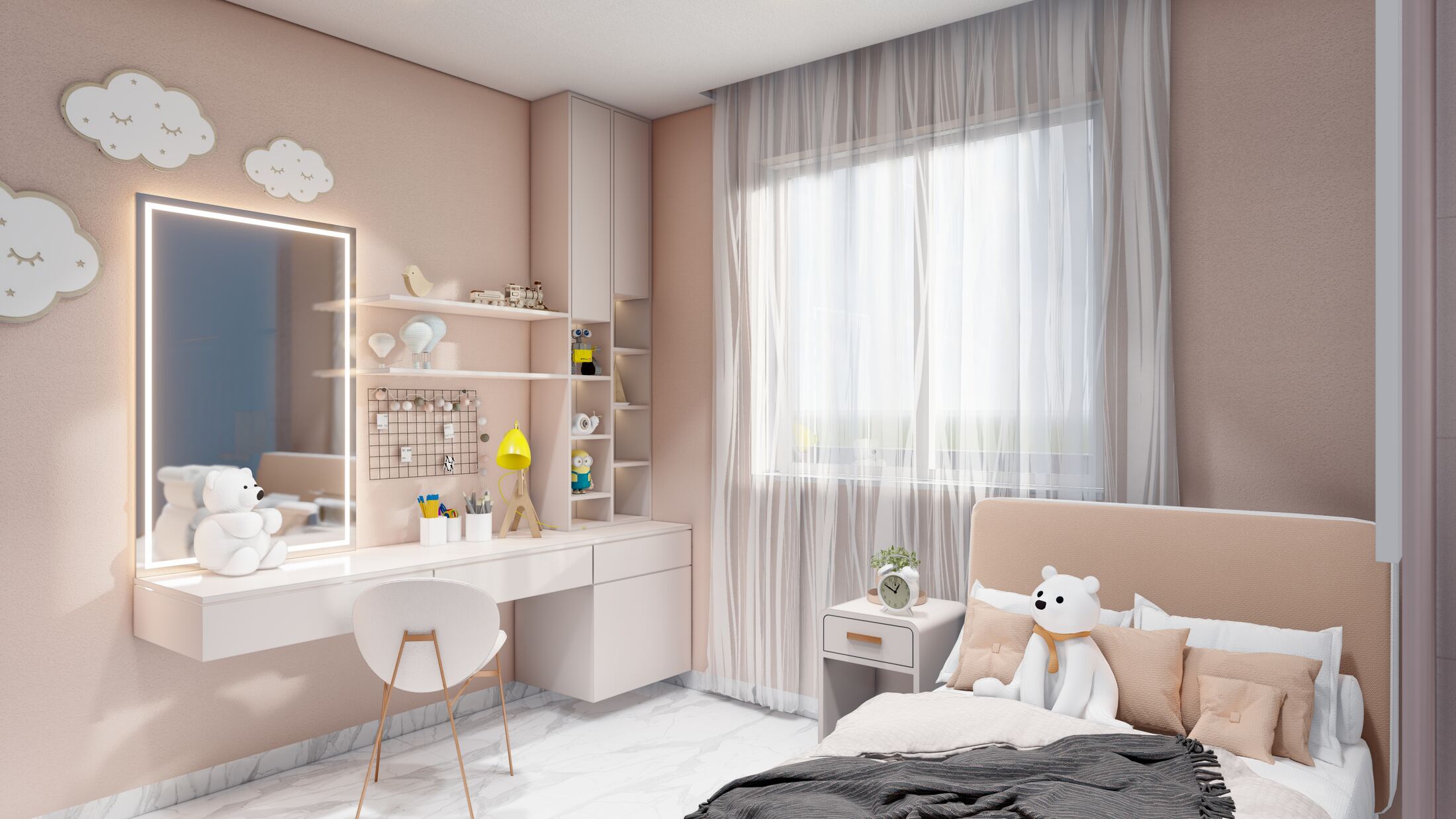 Children's bedroom with cloud wall decor and illuminated vanity