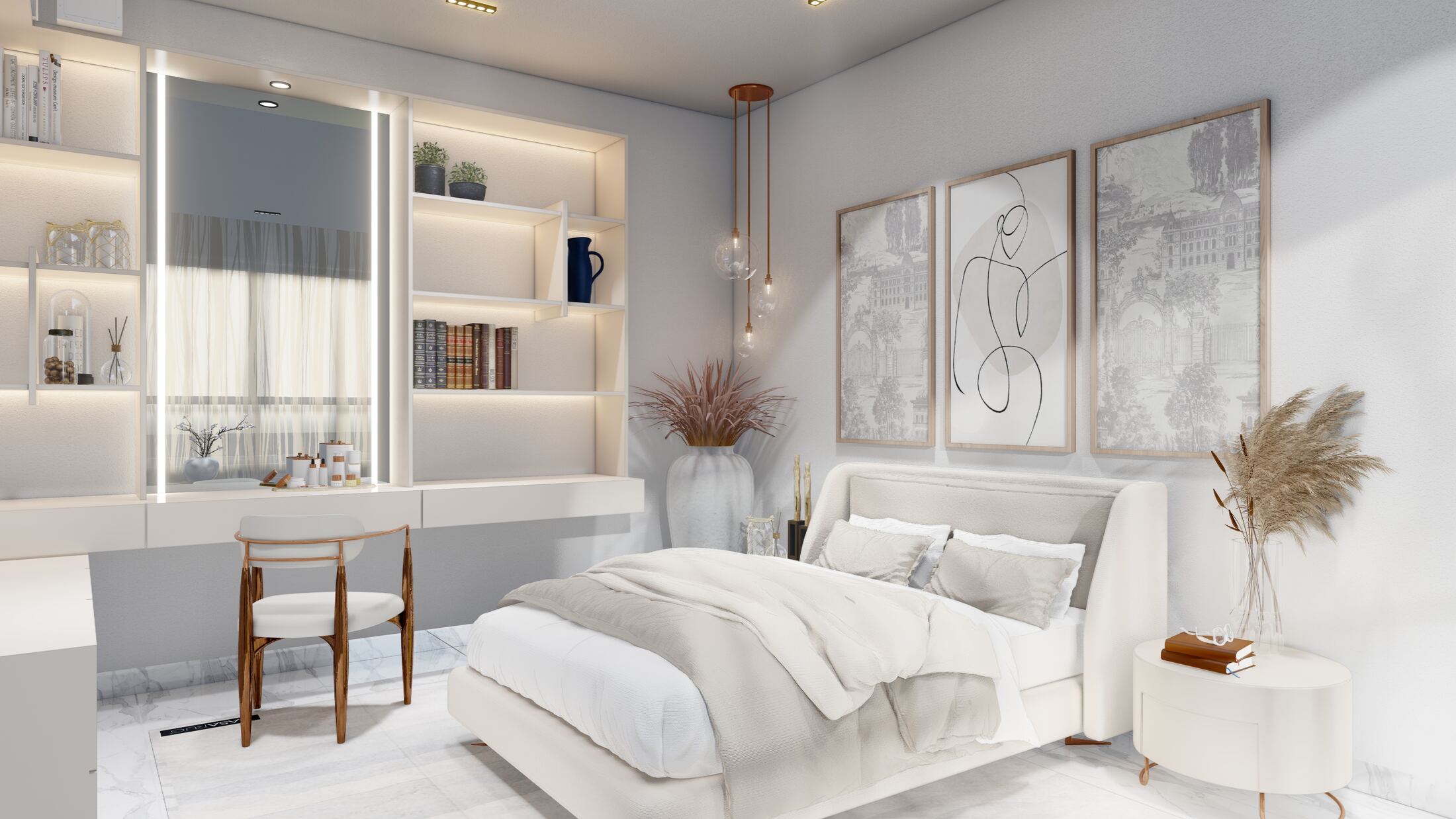 Primary bedroom with line-art prints and built-in vanity