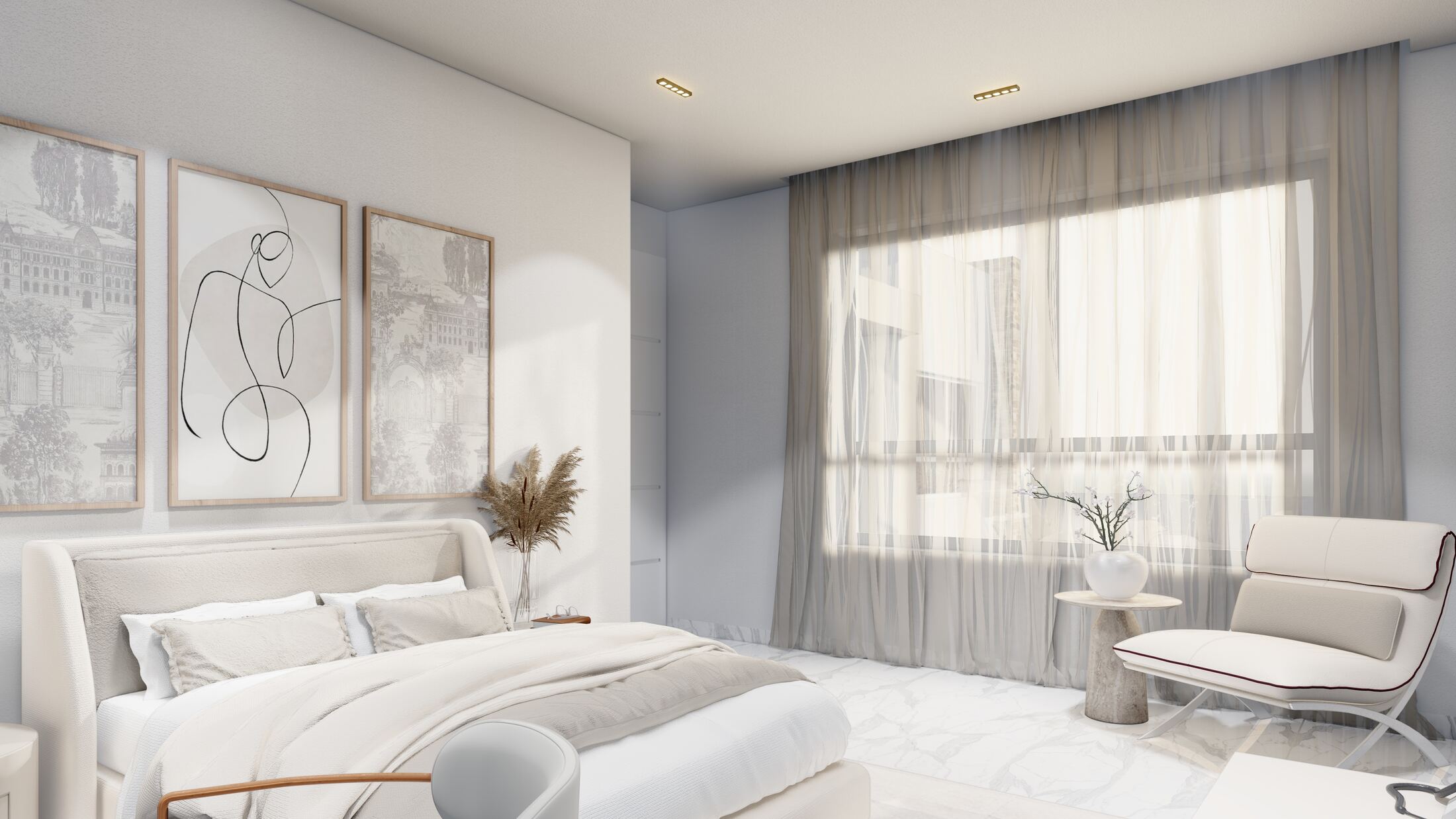 Primary bedroom, alternate angle with sheer curtains