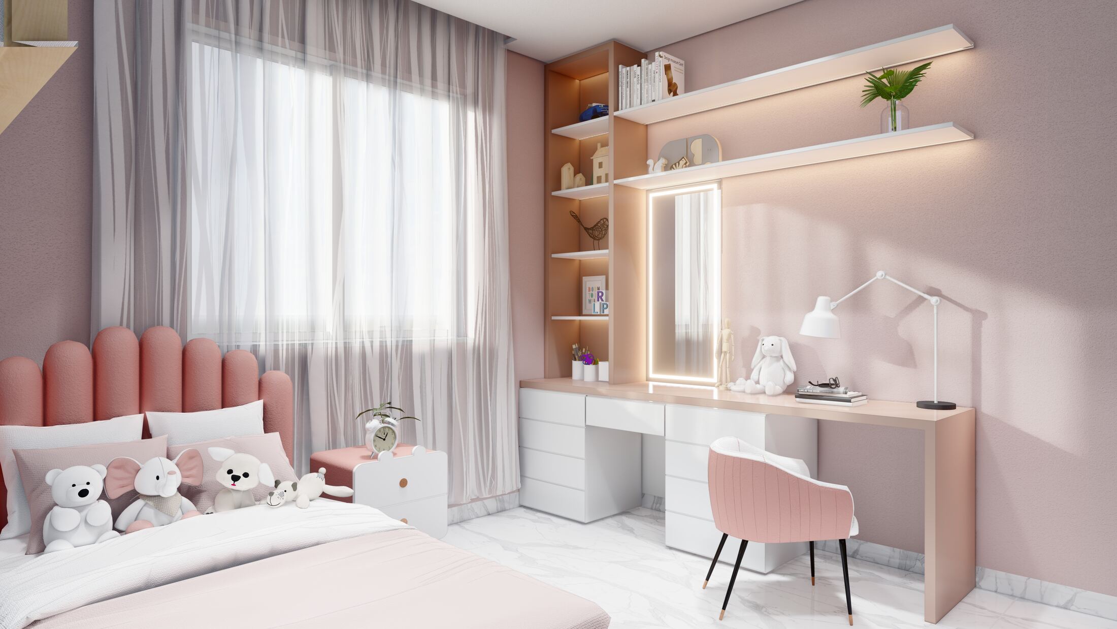 Second children's bedroom in pink with scalloped headboard